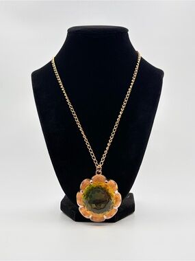 Large Oversized Green Glass Flower Pendant Necklace Heavy Gold Tone Statement